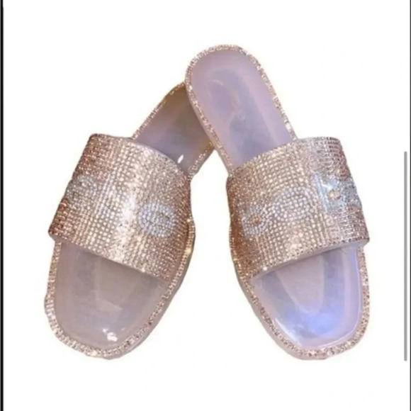 NWOT ROSE GOLD BEBE RHINESTONE FLAT SLIDES SIZE 8 EXTRA BLINGY✨✨ - Picture 2 of 9